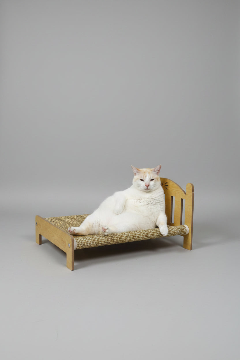 Cute Wooden Pet Bed Frame with Scratch-Proof Woven Cooling Mat(Bear & Slatted)
