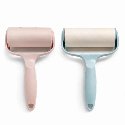 Two lint rollers, one pink and one blue, on a white background