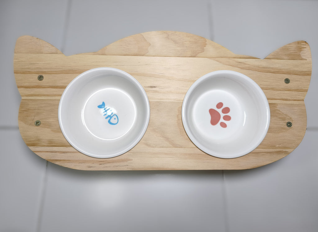 Natural Wooden Elevated Pet Feeding Station with Removable Dual Ceramic Bowls