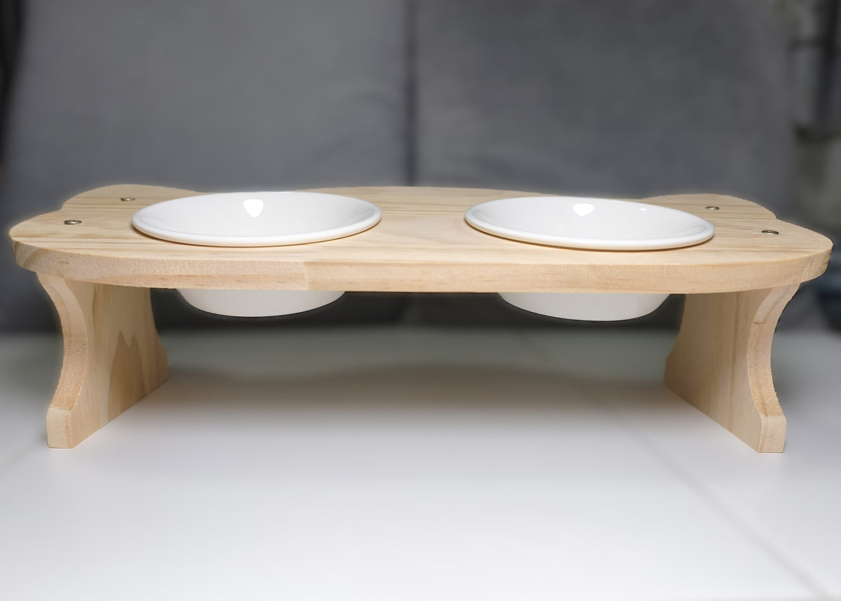 Natural Wooden Elevated Pet Feeding Station with Removable Dual Ceramic Bowls