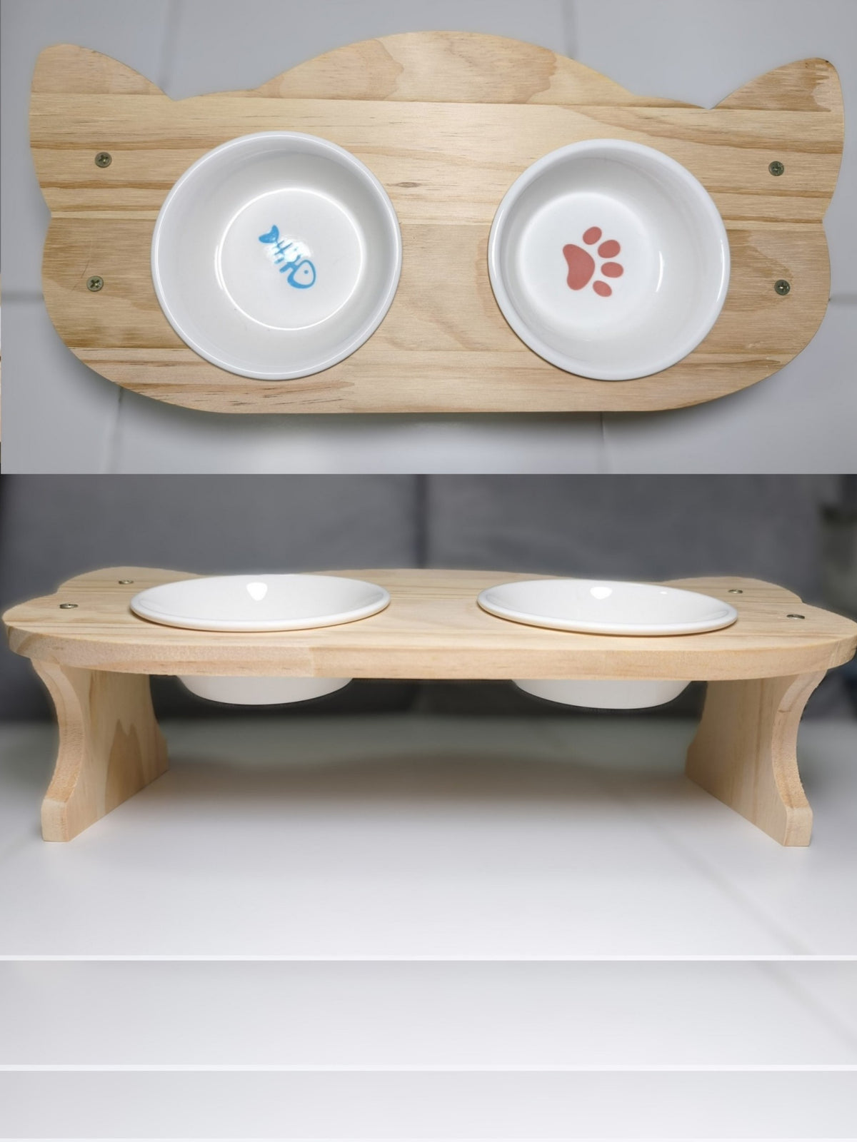 Natural Wooden Elevated Pet Feeding Station with Removable Dual Ceramic Bowls