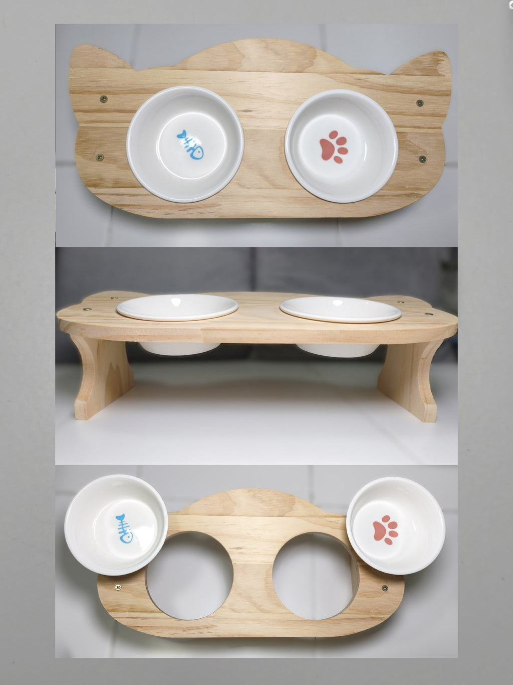 Natural Wooden Elevated Pet Feeding Station with Removable Dual Ceramic Bowls