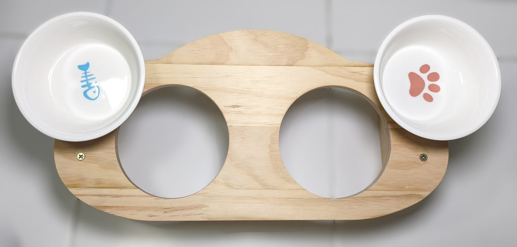 Natural Wooden Elevated Pet Feeding Station with Removable Dual Ceramic Bowls